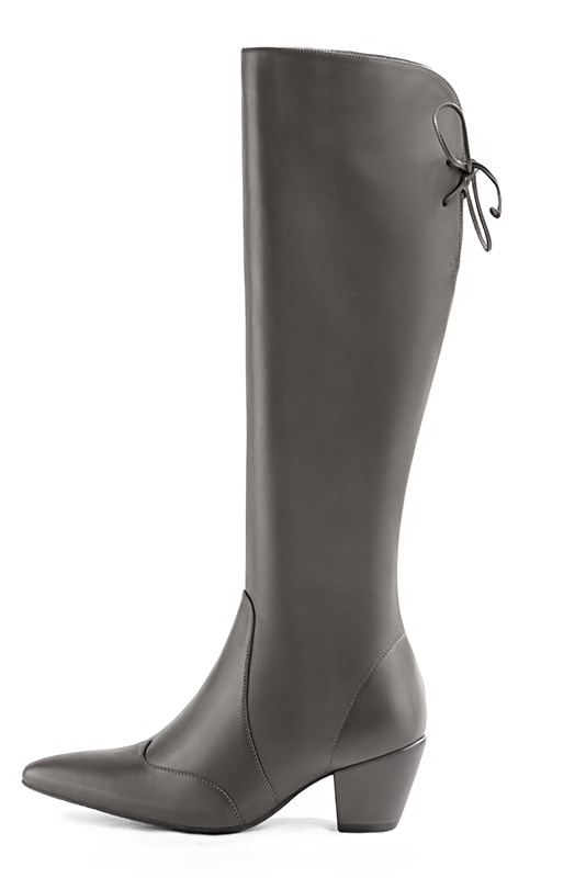 Ash grey women's knee-high boots, with laces at the back. Tapered toe. Medium cone heels. Made to measure. Profile view - Florence KOOIJMAN